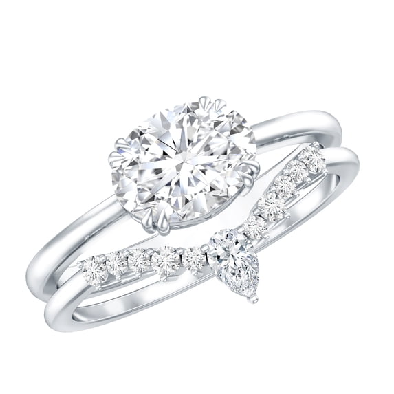 Rosec Jewels Lab Grown Diamond Wedding Ring Set - Oval Engagement Ring with Curved Band - EF-VS Quality, 18K White Gold, US 7.50