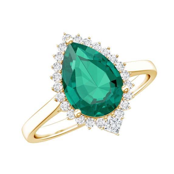 Rosec Jewels Lab Grown Emerald Cocktail Ring with Diamond Halo for Women (AAAA Quality), 10K Yellow Gold, US 12.50