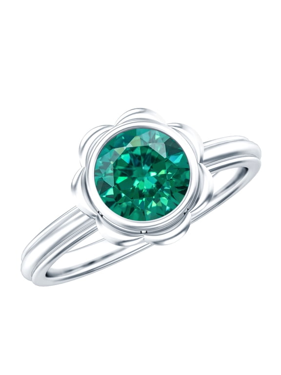Lab Grown Emerald Flower Engagement Ring (1.7 Carat, AAAA Grade) - Bezel Set Emerald Ring - with Jewelry Box, 925 Sterling Silver, US 4.00