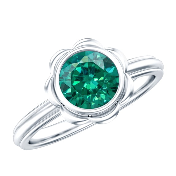 Rosec Jewels Lab Grown Emerald Flower Engagement Ring (1.7 Carat, AAAA Grade) - Bezel Set Emerald Ring - with Jewelry Box, 14K White Gold, US 6.50