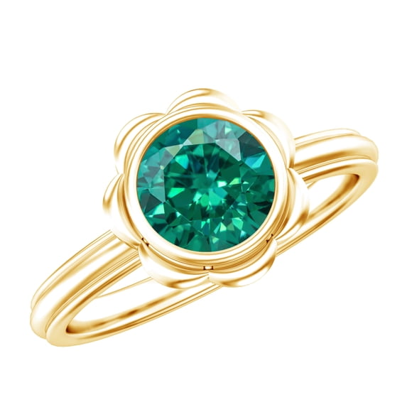 Rosec Jewels Lab Grown Emerald Flower Engagement Ring (1.7 Carat, AAAA Grade) - Bezel Set Emerald Ring - with Jewelry Box, 14K Yellow Gold, US 8.50