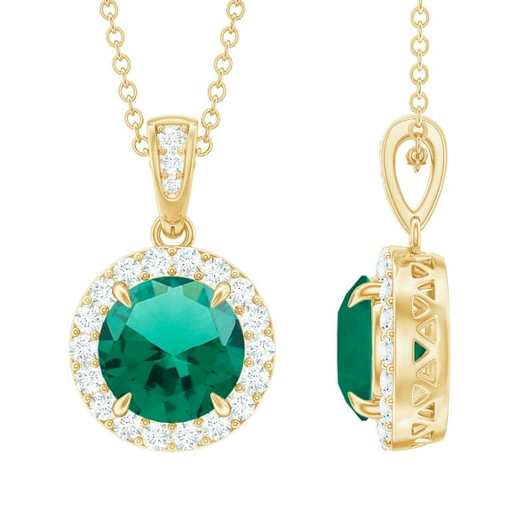 Rosec Jewels Lab Grown Emerald Pendant Necklace with Moissanite Halo (8 mm Emerald, AAAA Grade), 14K Yellow Gold