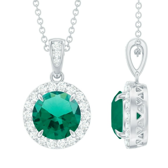 Rosec Jewels Lab Grown Emerald Pendant Necklace with Moissanite Halo (8 mm Emerald, AAAA Grade), 925 Sterling Silver