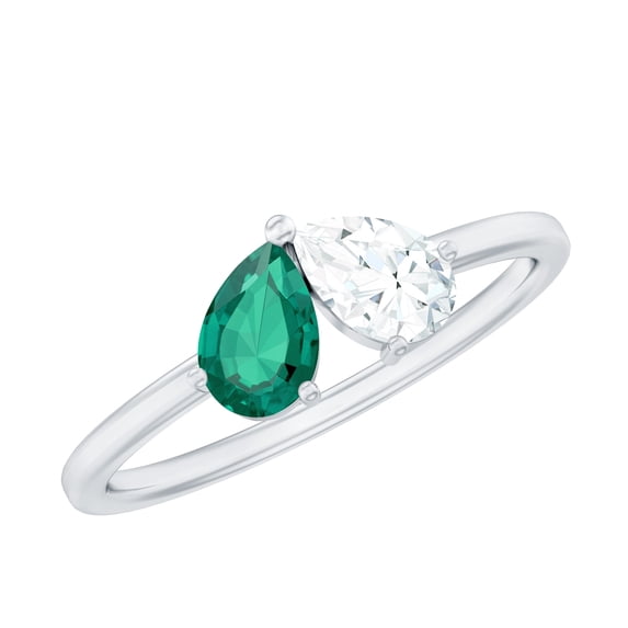 Rosec Jewels Lab Grown Emerald Diamond 2 Stone Promise Ring - Toi Et Moi Ring - AAAA Grade - Ready to Gift for Valentines Day, 14K White Gold, US 7.00