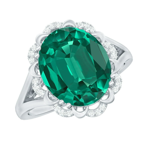 Rosec Jewels Lab Grown Emerald Ring with Diamond - 10X12 mm - AAAA Grade, 18K White Gold, US 4.00