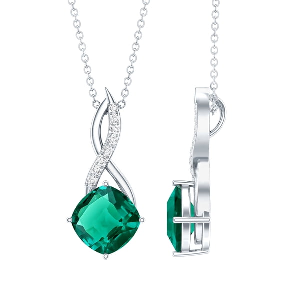 Rosec Jewels Lab Grown Emerald Solitaire Pendant for Women - 2 Ct - Cushion Cut - AAAA Grade - Infinity Pendant with Chain, 10K White Gold