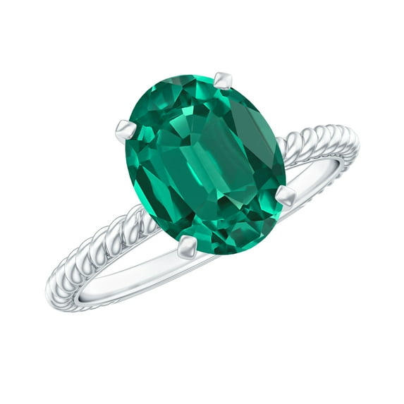 Rosec Jewels Lab Grown Emerald Solitaire Ring with Diamond for Women - 8X10 mm - AAAA Grade, 14K White Gold, US 4.00