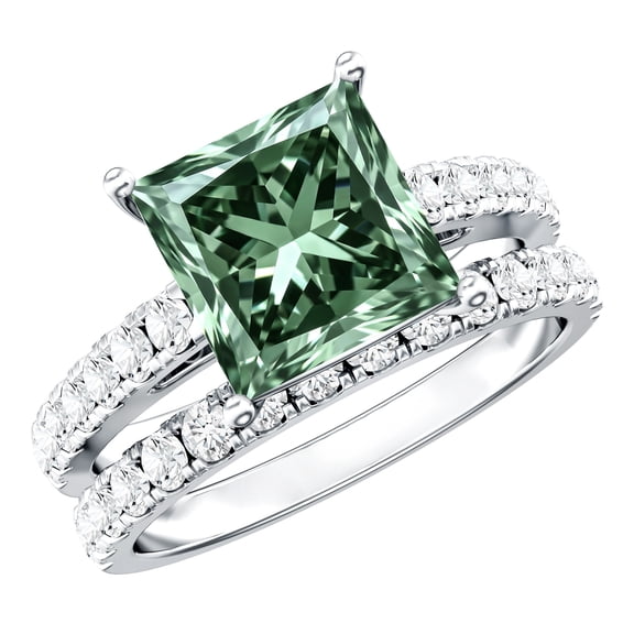 Rosec Jewels Lab Grown Green Diamond 5 Carat Engagement Ring with Band (IGI Certified) - VS1 Grade - Princess Cut Wedding Ring Set, 925 Sterling Silver, US 4.00