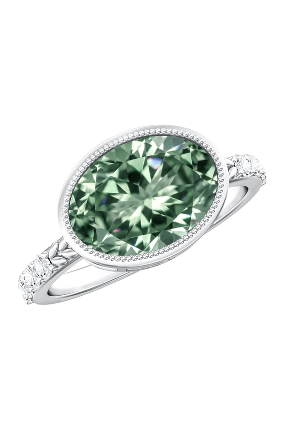 Lab Grown Green Diamond Oval Engagement Ring 3 Carat - IGI Certified - VS1 Quality - East West Style Big Diamond Ring, 10K White Gold, US 5.50