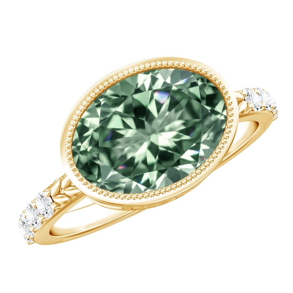 Rosec Jewels Lab Grown Green Diamond Oval Engagement Ring 3 Carat - IGI Certified - VS1 Quality - East West Style Big Diamond Ring, 18K Yellow Gold, US 5.50
