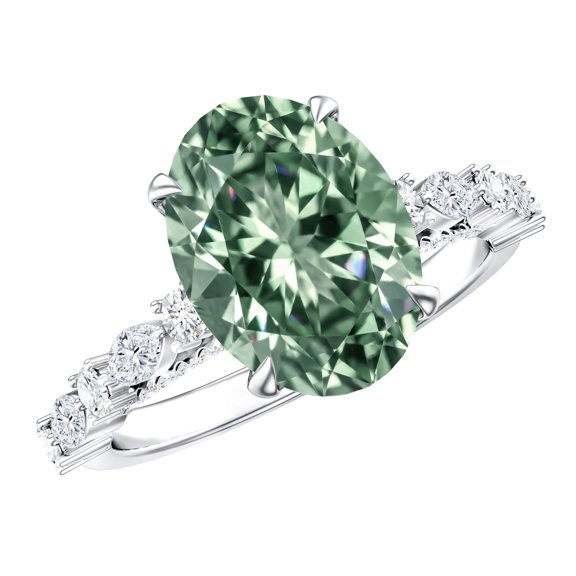Rosec Jewels Lab Grown Green Diamond Oval Engagement Ring 3 Carat - IGI Certified - VS1 Quality - Green and White Ring for Women, 925 Sterling Silver, US 4.00