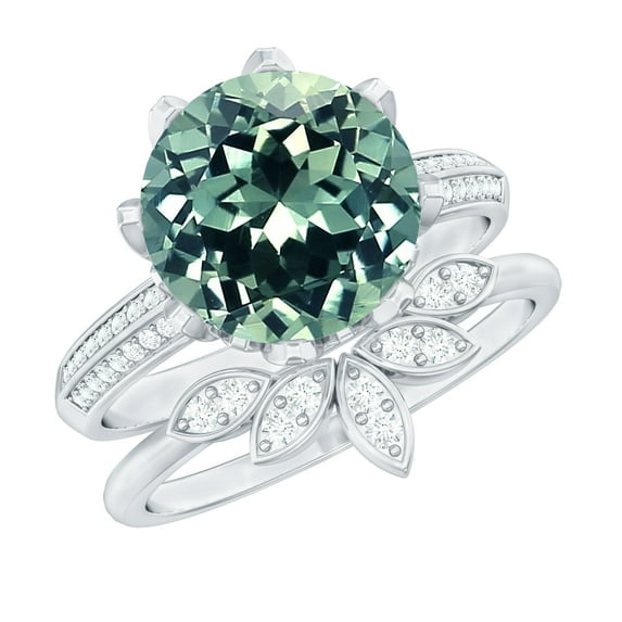 Rosec Jewels Lab Grown Green Sapphire Floral Bridal Ring Set with Moissanite - 10 mm - 2 Rings Set - AAAA Quality, 10K White Gold, US 4.50