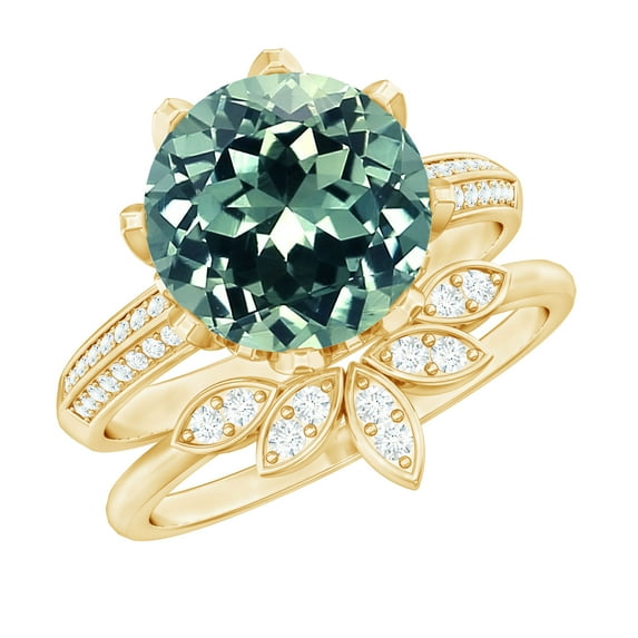 Rosec Jewels Lab Grown Green Sapphire Floral Bridal Ring Set with Moissanite - 10 mm - 2 Rings Set - AAAA Quality, 10K Yellow Gold, US 8.50