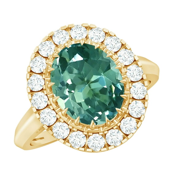 Rosec Jewels Lab Grown Green Sapphire Halo Ring with Moissanite, Vintage Inspired Ring, 18K Yellow Gold, US 5.50