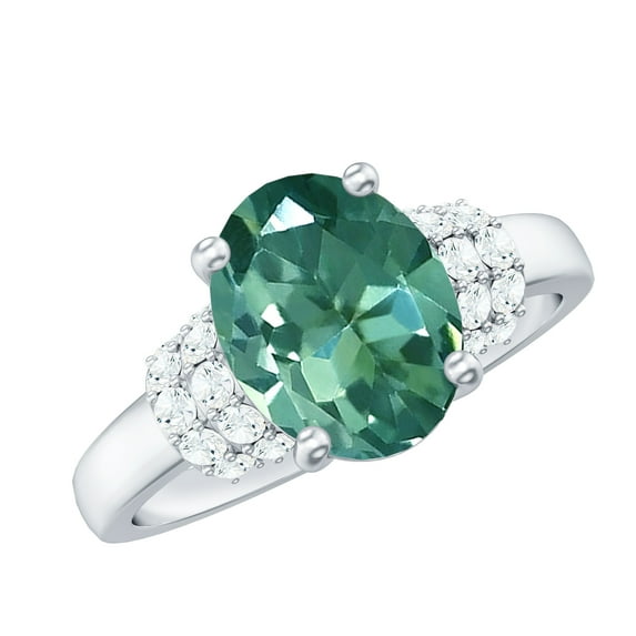 Rosec Jewels Lab Grown Green Sapphire Ring with Moissanite for Women (8X10 mm, AAAA Quality), 18K White Gold, US 13.00