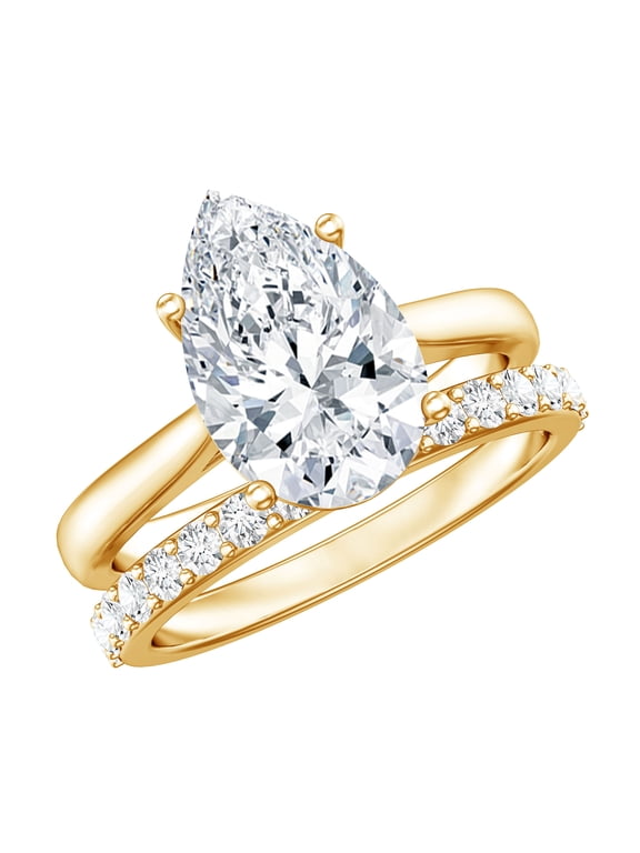 Lab Grown IGI Certified 3 Carat Pear Shape Diamond Ring with Band - E-VS1 Grade, 10K Yellow Gold, US 9.50