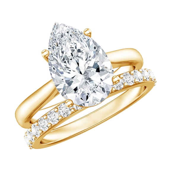 Rosec Jewels Lab Grown IGI Certified 3 Carat Pear Shape Diamond Ring with Band - E-VS1 Grade, 14K Yellow Gold, US 12.50