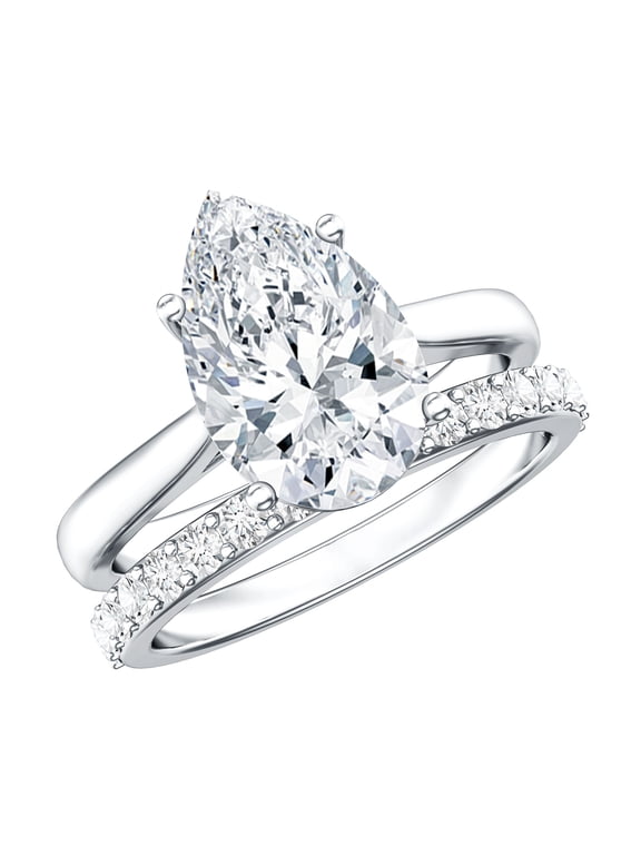 Lab Grown IGI Certified 3 Carat Pear Shape Diamond Ring with Band - E-VS1 Grade, 925 Sterling Silver, US 6.00