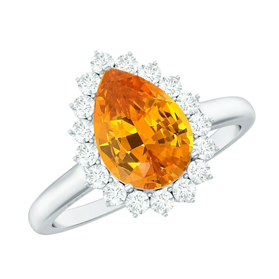 Rosec Jewels Lab Grown Orange Sapphire Ring with Diamond Halo - 7X10 mm - AAAA Grade, 925 Sterling Silver, US 4.00