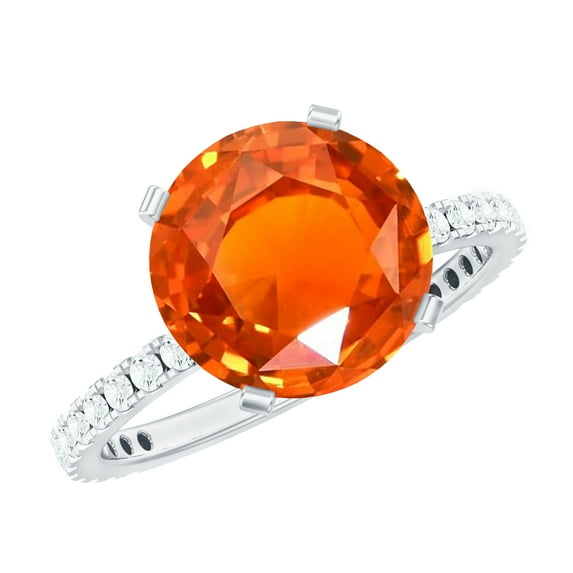 Rosec Jewels Lab Grown Orange Sapphire Solitaire Ring with Diamond Side Stones - 10 mm, 10K White Gold, US 5.50