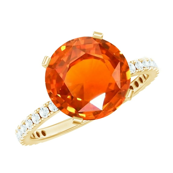 Rosec Jewels Lab Grown Orange Sapphire Solitaire Ring with Diamond Side Stones - 10 mm, 10K Yellow Gold, US 12.50