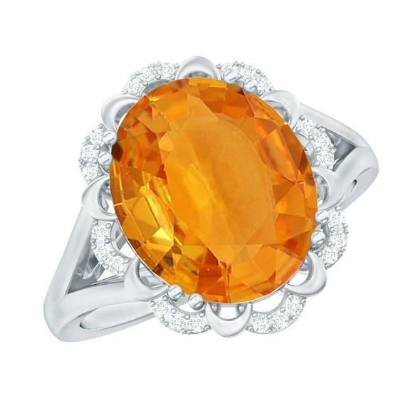 Rosec Jewels Lab Grown Orange Sapphire Vintage Inspired Ring with Diamond - 10X12 mm, 14K White Gold, US 6.00