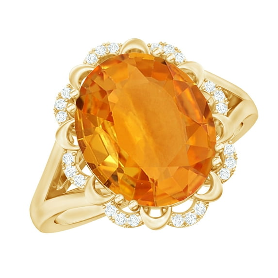 Rosec Jewels Lab Grown Orange Sapphire Vintage Inspired Ring with Diamond - 10X12 mm, 14K Yellow Gold, US 7.50