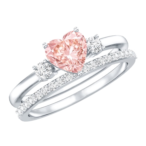Rosec Jewels Lab Grown Pink Diamond Bridal Ring Set - Heart Engagement Ring with Diamond Enhancer - IGI Certified Fancy Pink Color Gemstone Ring - VS1 Clarity, 10K White Gold, US 6.50