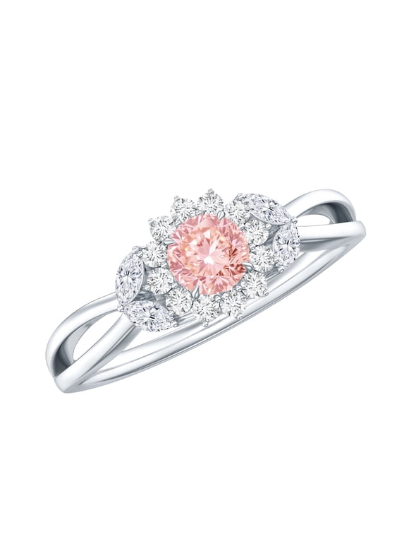 Lab Grown Pink Diamond Flower Engagement Ring 1 Carat - Fancy Pink Color VVS Clarity - Pink White Diamond Ring, 925 Sterling Silver, US 4.00