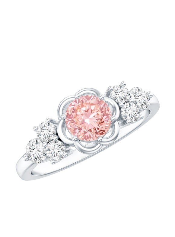 Lab Grown Pink Diamond Flower Engagement Ring (Fancy Pink Color VVS Clarity) - 1 Carat - Pink White Diamond Ring, 925 Sterling Silver, US 4.00