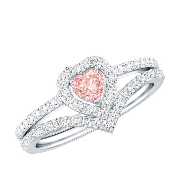 Rosec Jewels Lab Grown Pink Diamond Wedding Ring Set - Fancy Pink Color- E-VS1 Quality - IGI Certified Heart Engagement Ring with Enhancer - Gift For Women, 925 Sterling Silver, US 4.00