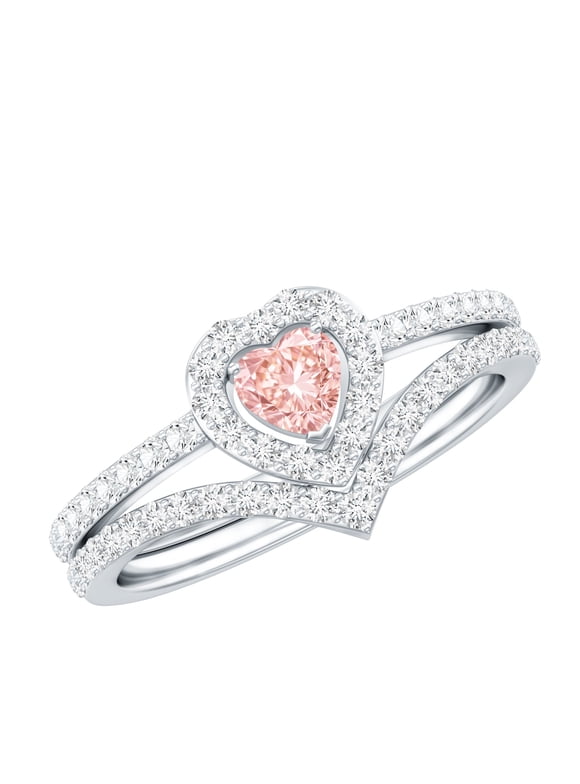 Lab Grown Pink Diamond Wedding Ring Set - Fancy Pink - VVS Quality - Heart Engagement Ring with Enhancer - Gift For Women, 925 Sterling Silver, US 4.00