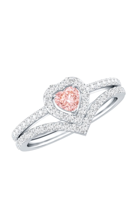 Lab Grown Pink Diamond Wedding Ring Set - Fancy Pink - VVS Quality - Heart Engagement Ring with Enhancer - Gift For Women, 925 Sterling Silver, US 4.00
