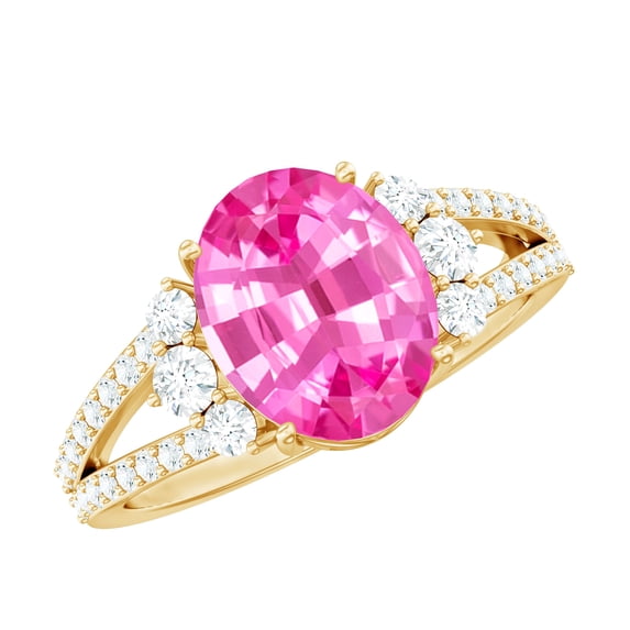 Rosec Jewels Lab Grown Pink Sapphire Oval Engagement Ring - 4 Carat - AAAA Grade - Sapphire Diamond Ring with Split Shank, 14K Yellow Gold, US 9.50