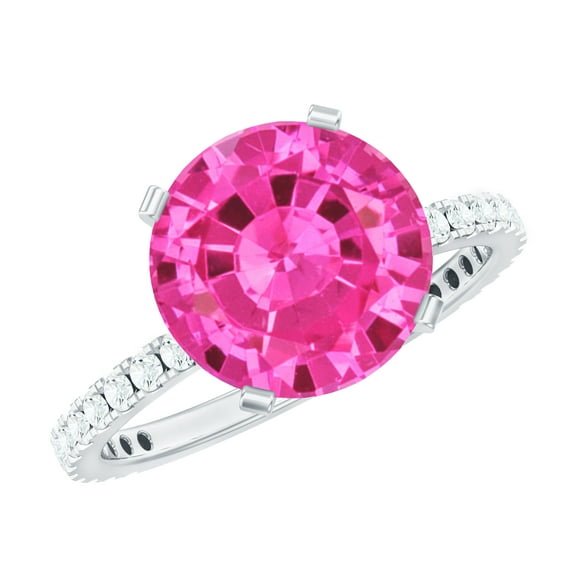 Rosec Jewels Lab Grown Pink Sapphire Solitaire Ring with Diamond Side Stones - 10 mm, 18K White Gold, US 6.00