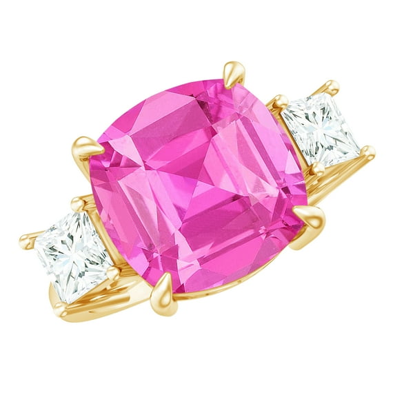 Rosec Jewels Lab Grown Pink Sapphire Statement Engagement Ring with Moissanite - 12 mm Cushion Cut, 14K Yellow Gold, US 3.50
