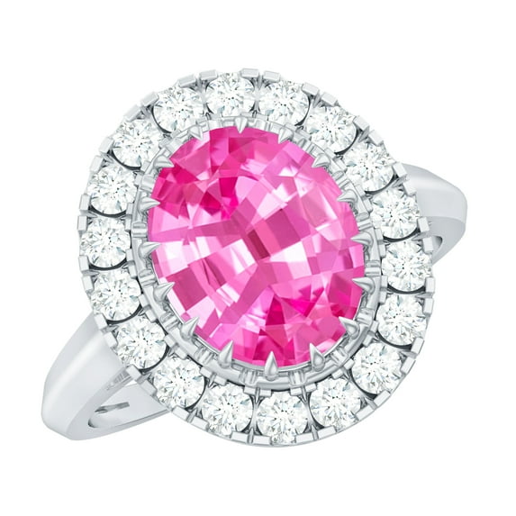 Rosec Jewels Certified Lab Grown Pink Sapphire Oval Engagement Ring with Halo (8X10mm, 4 Ct, AAAA Grade) - with Jewelry Box, 18K White Gold, US 9.50