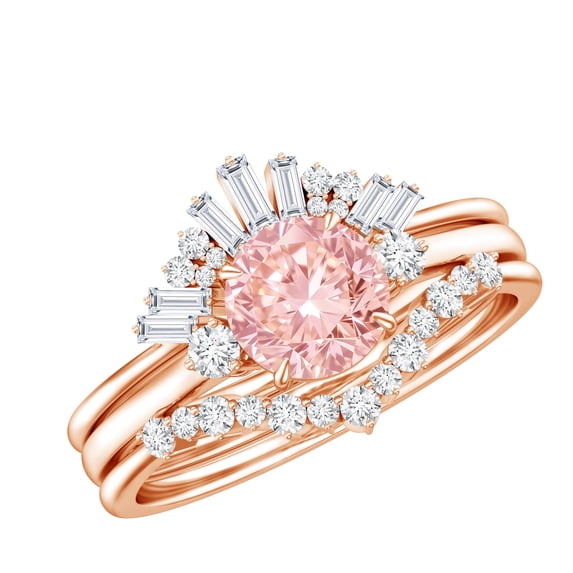Rosec Jewels IGI Certified Lab Grown Pink White Diamond Bridal Ring Set - Fancy Pink Color and VS1 Clarity - Pink Diamond Ring With 2 Enhancers, 10K Rose Gold, US 10.50