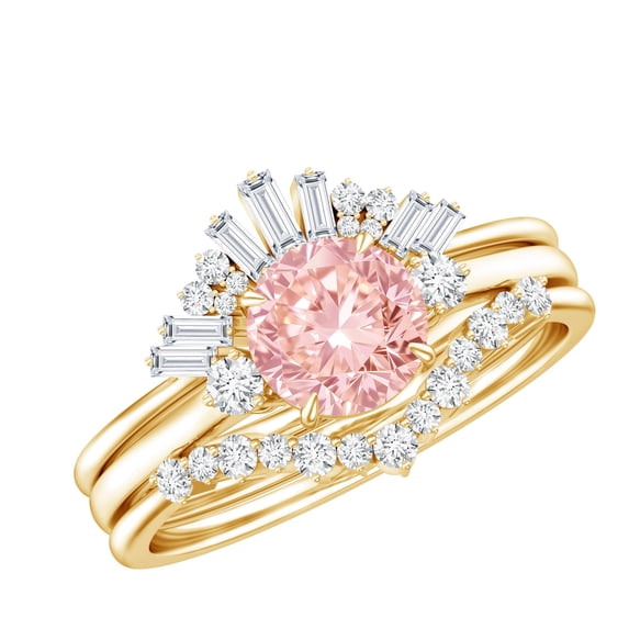 Rosec Jewels IGI Certified Lab Grown Pink White Diamond Bridal Ring Set - Fancy Pink Color and VS1 Clarity - Pink Diamond Ring With 2 Enhancers, 10K Yellow Gold, US 13.00