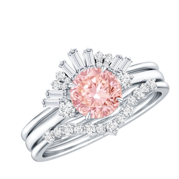 Rosec Jewels IGI Certified Lab Grown Pink White Diamond Bridal Ring Set - Fancy Pink Color and VS1 Clarity - Pink Diamond Ring With 2 Enhancers, 18K White Gold, US 9.50