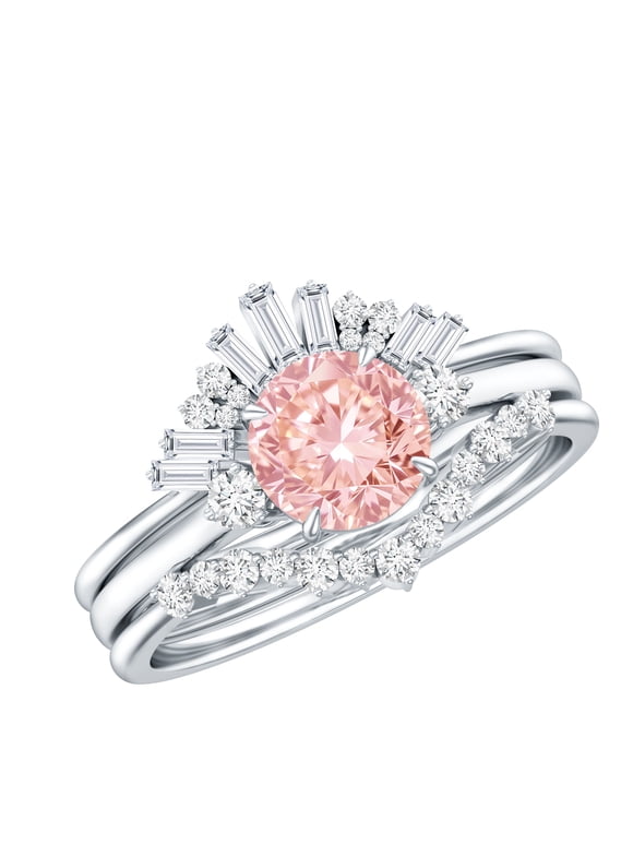 Lab Grown Pink White Diamond Bridal Ring Set - Fancy Pink Color VVS Clarity - Pink Diamond Ring With 2 Enhancers, 925 Sterling Silver, US 4.00