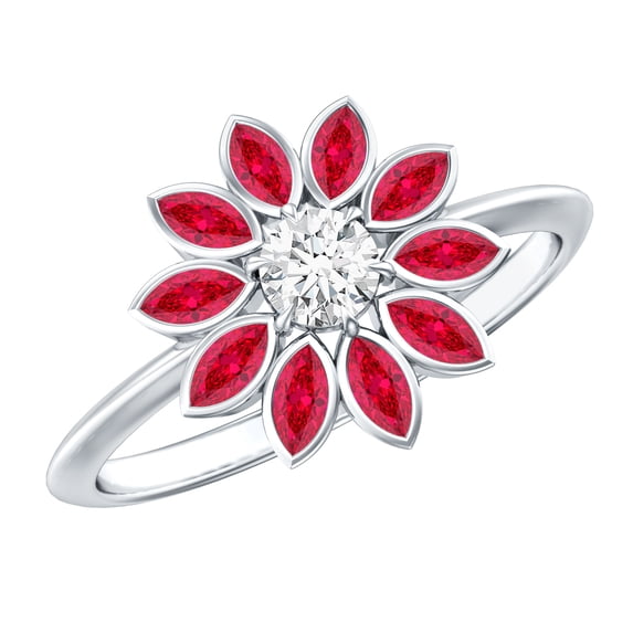 Rosec Jewels Lab Grown Ruby and Diamond Floral Ring for Women (AAAA Quality) - Statement Cocktail Ring - with Jewelry Box, 925 Sterling Silver, US 4.00