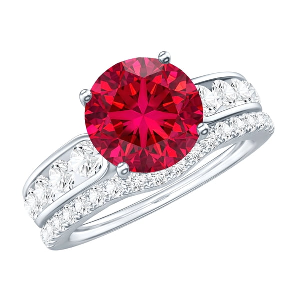 Rosec Jewels Lab Grown Ruby Wedding Bridal Ring Set - AAAA Grade Certified - Ruby Engagement Ring with Band - with Jewelry Box, 925 Sterling Silver, US 4.00