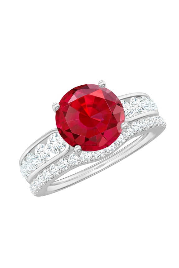 Lab Grown Ruby Wedding Bridal Ring Set - AAAA Grade Certified - Ruby Engagement Ring with Band - with Jewelry Box, 925 Sterling Silver, US 4.00