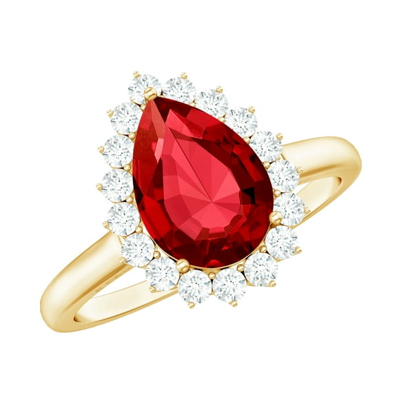 Rosec Jewels Lab Grown Ruby Ring with Diamond Halo for Women - 7X10 mm - AAAA Grade, 18K Yellow Gold, US 9.00
