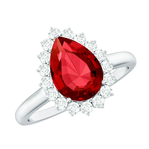 Rosec Jewels Lab Grown Ruby Ring with Diamond Halo for Women - 7X10 mm - AAAA Grade, 925 Sterling Silver, US 4.00