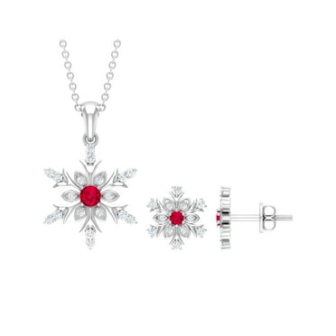 Rosec Jewels Lab Grown Ruby Snowflake Jewelry Set with Diamond for Women - AAAA Grade, 925 Sterling Silver