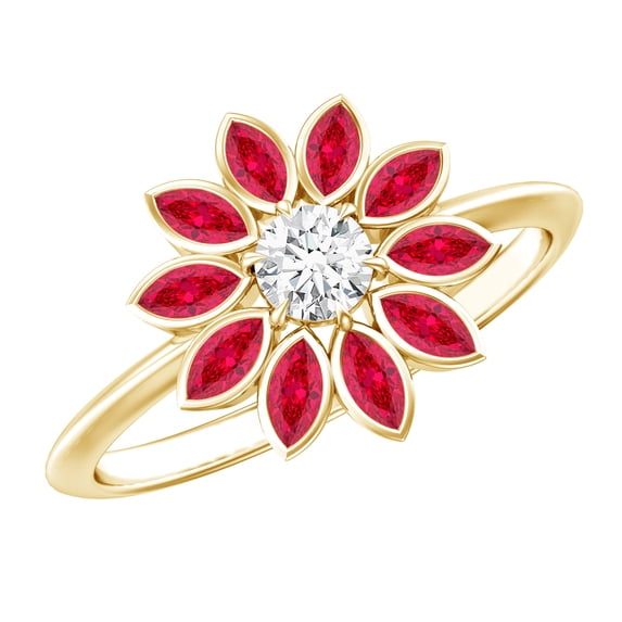 Rosec Jewels Lab Grown Ruby and Diamond Floral Ring for Women (AAAA Quality) - Statement Cocktail Ring - with Jewelry Box, 10K Yellow Gold, US 11.00
