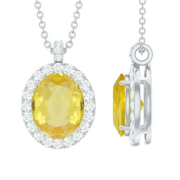 Rosec Jewels Lab Grown Yellow Sapphire Pendant with Diamond Halo for Women - AAAA Grade, 925 Sterling Silver