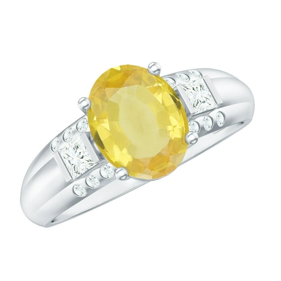 Rosec Jewels Lab Grown Yellow Sapphire Solitaire Statement Ring with Diamond - 8X10 mm, 10K White Gold, US 12.50